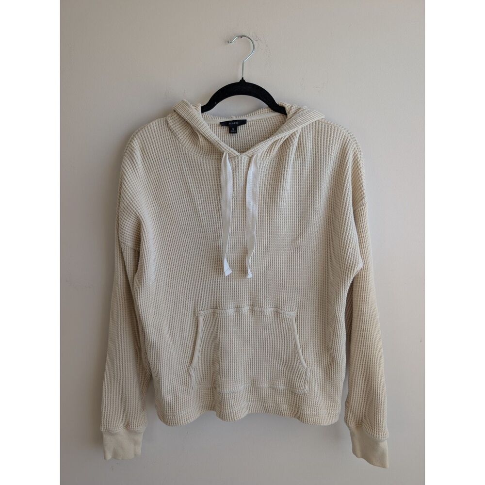 J. Crew Men's S Cream Waffle Knit Hoodie 100% Cotton Thermal Pullover